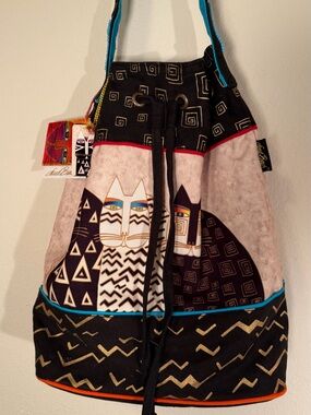 Laurel Burch Black/Turquoise/Gold Cat Drawstring Tote Bag